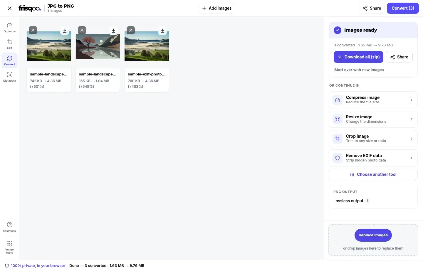 Converted PNG files ready to download together as a zip