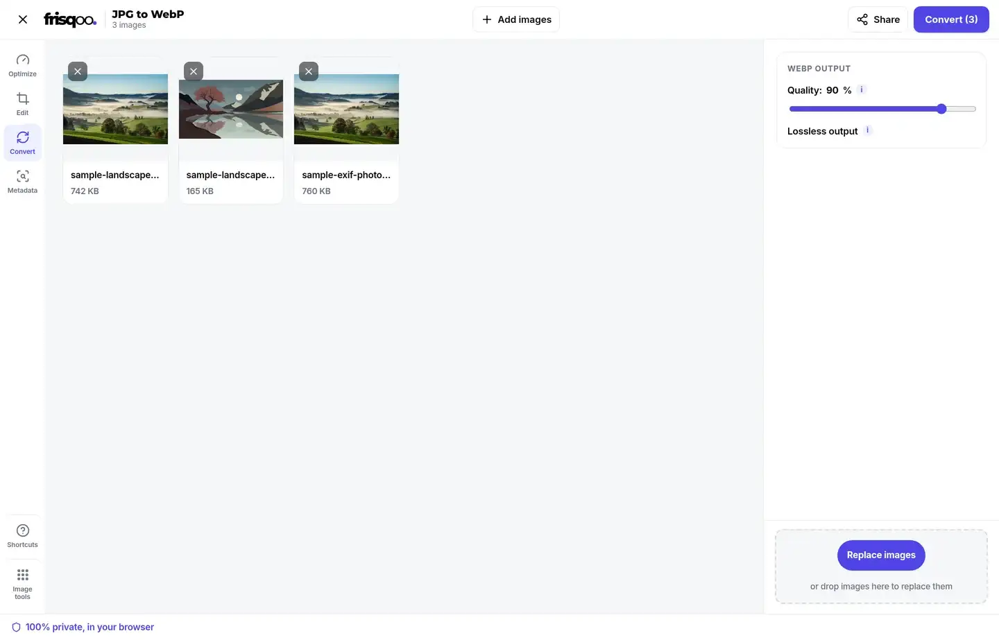 JPG images queued in the frisqoo JPG to WebP workspace with the quality setting