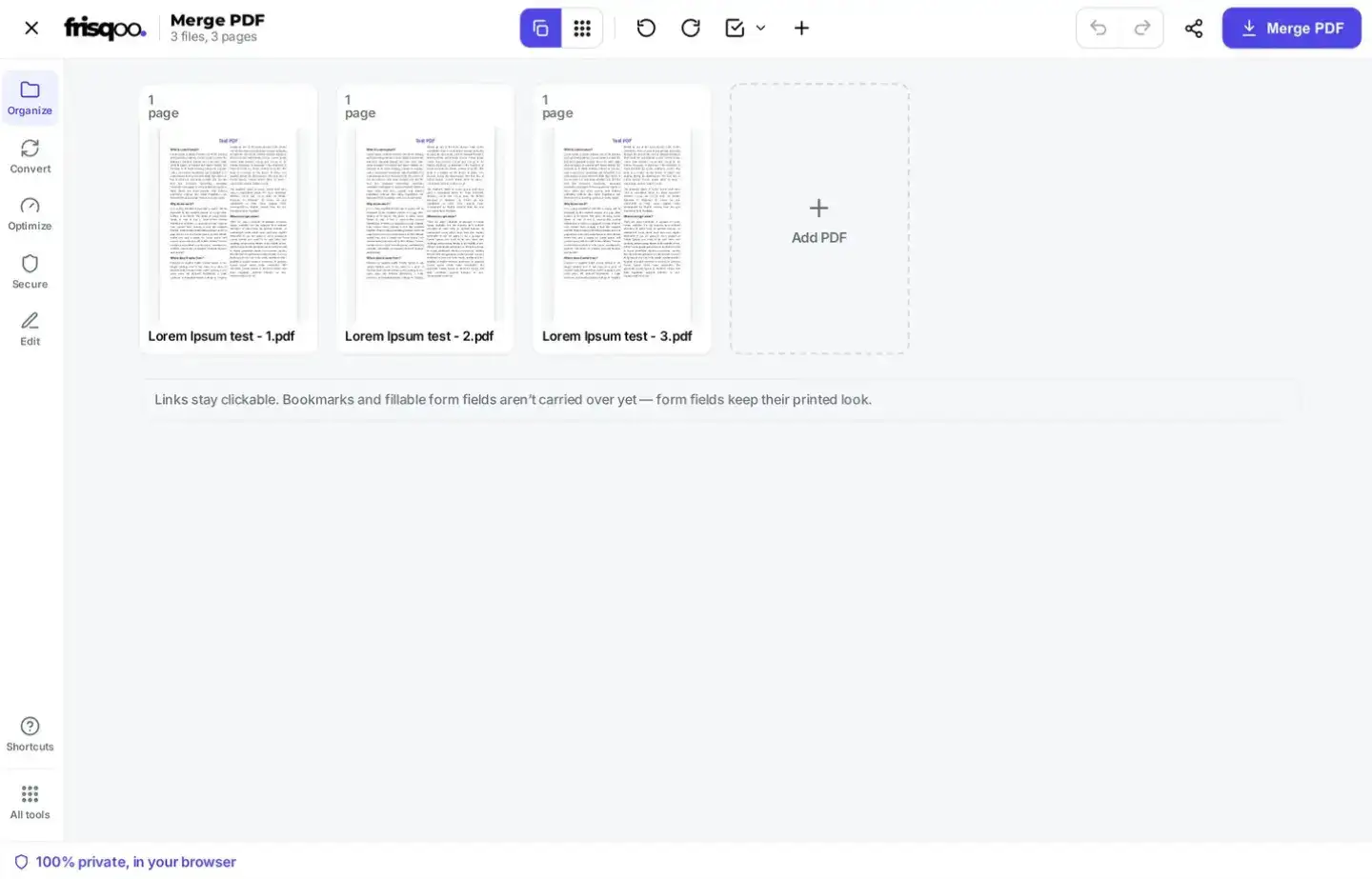 Reordering PDF file cards before merging