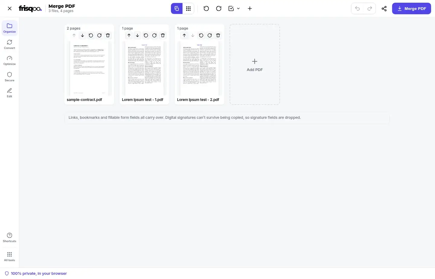 Merge PDF file view with three document cards arranged before merging