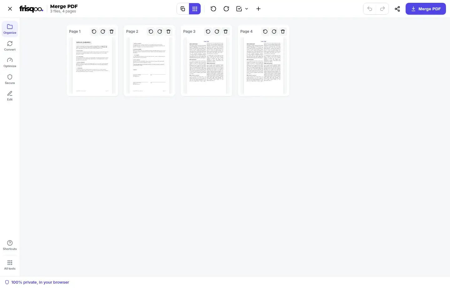 Merge PDF page view showing four pages from three source documents