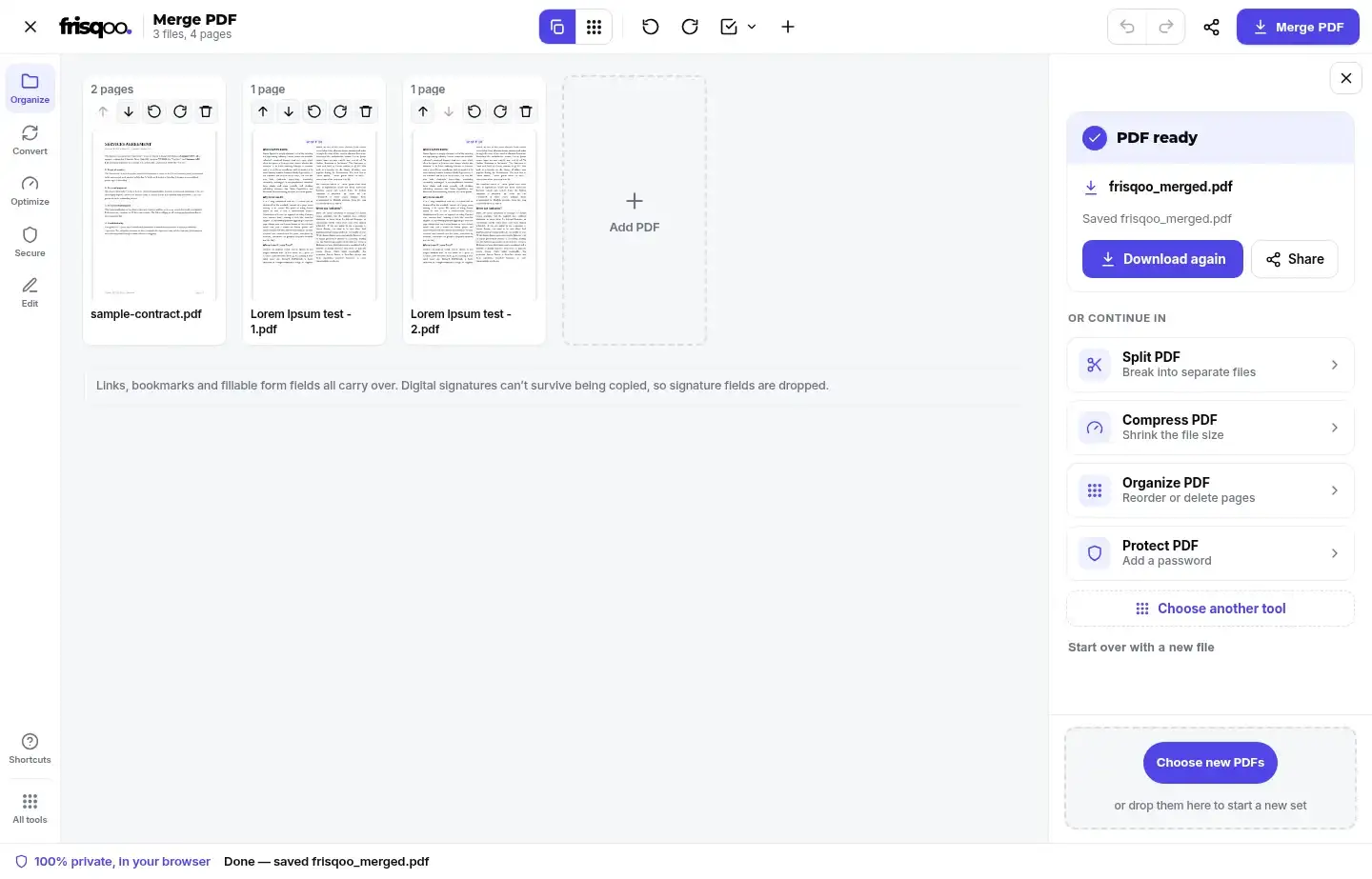 Completed Merge PDF result with Download again and follow-up tools