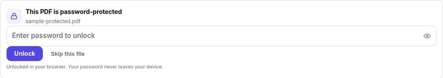 Inline password prompt for a protected PDF before merging