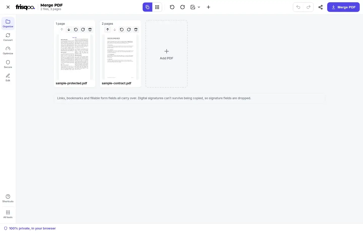 Unlocked protected PDF and a second document ready to merge in file view