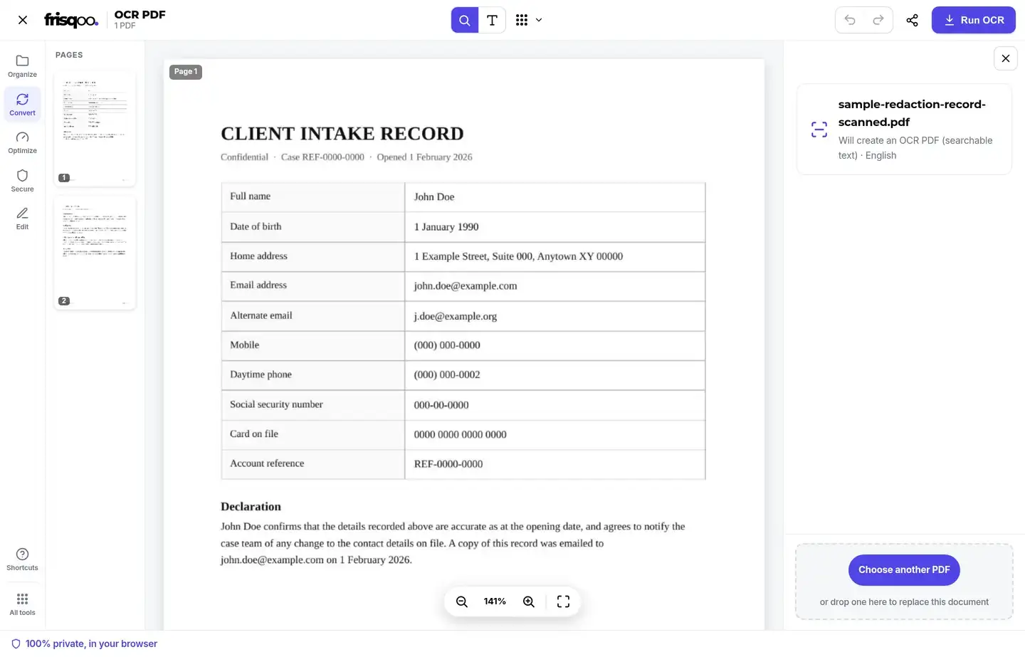 OCR PDF editor showing a scanned document, language control and OCR PDF output choice