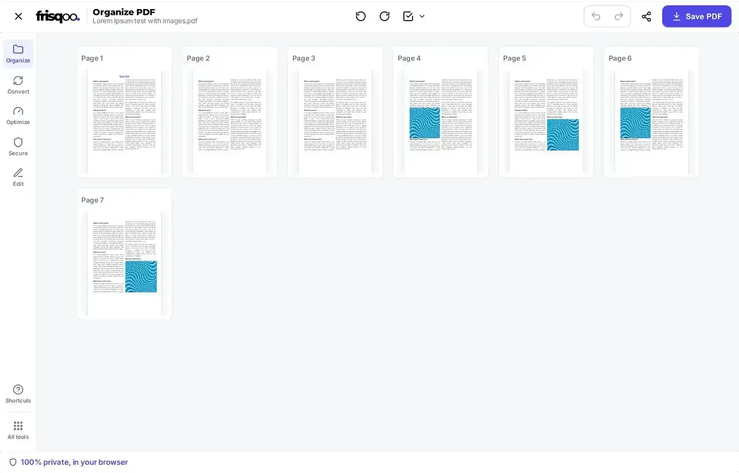 PDF opened as page thumbnails in the organize PDF editor