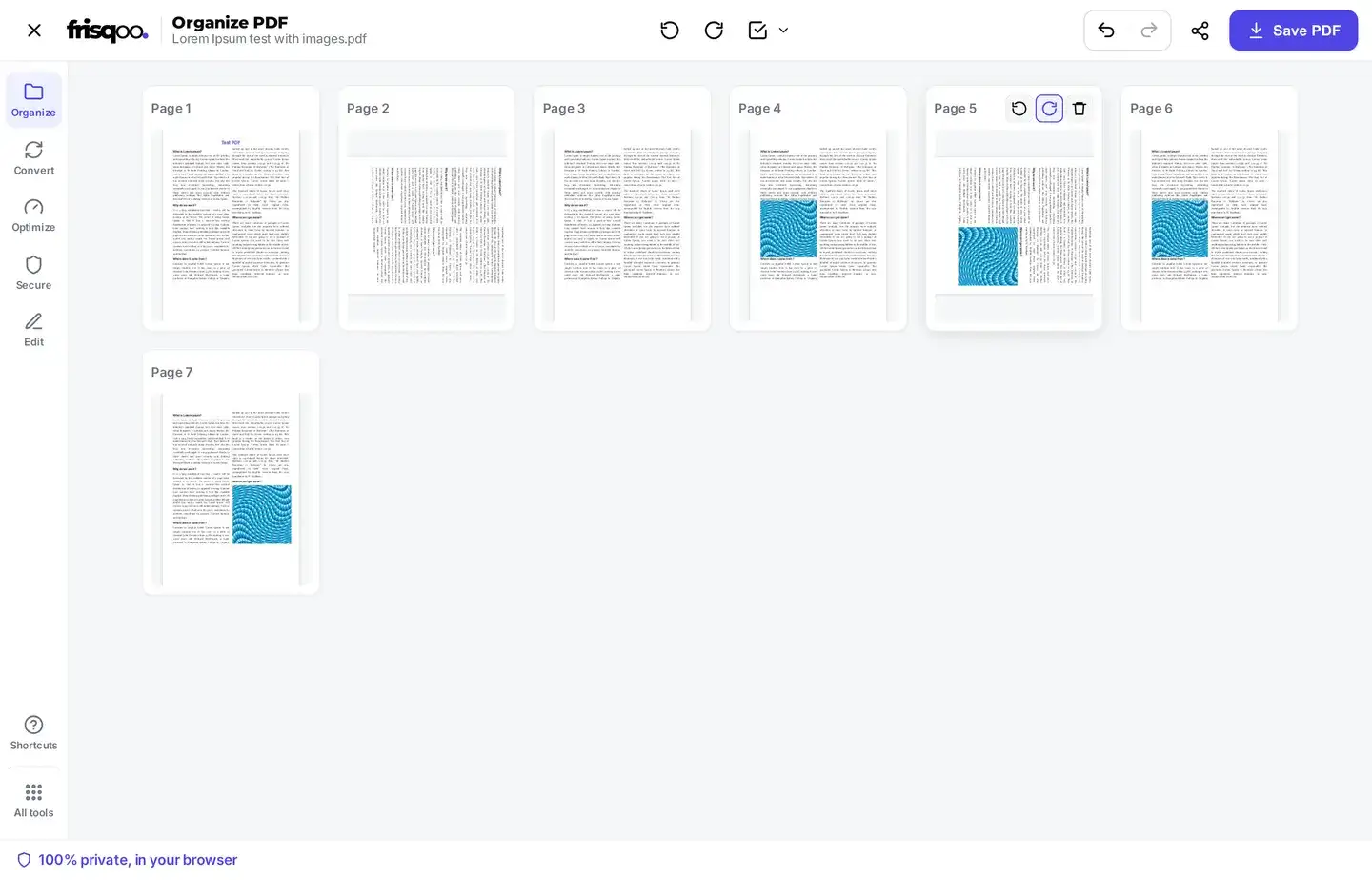 Pages rearranged in the organize PDF editor with the Save PDF button