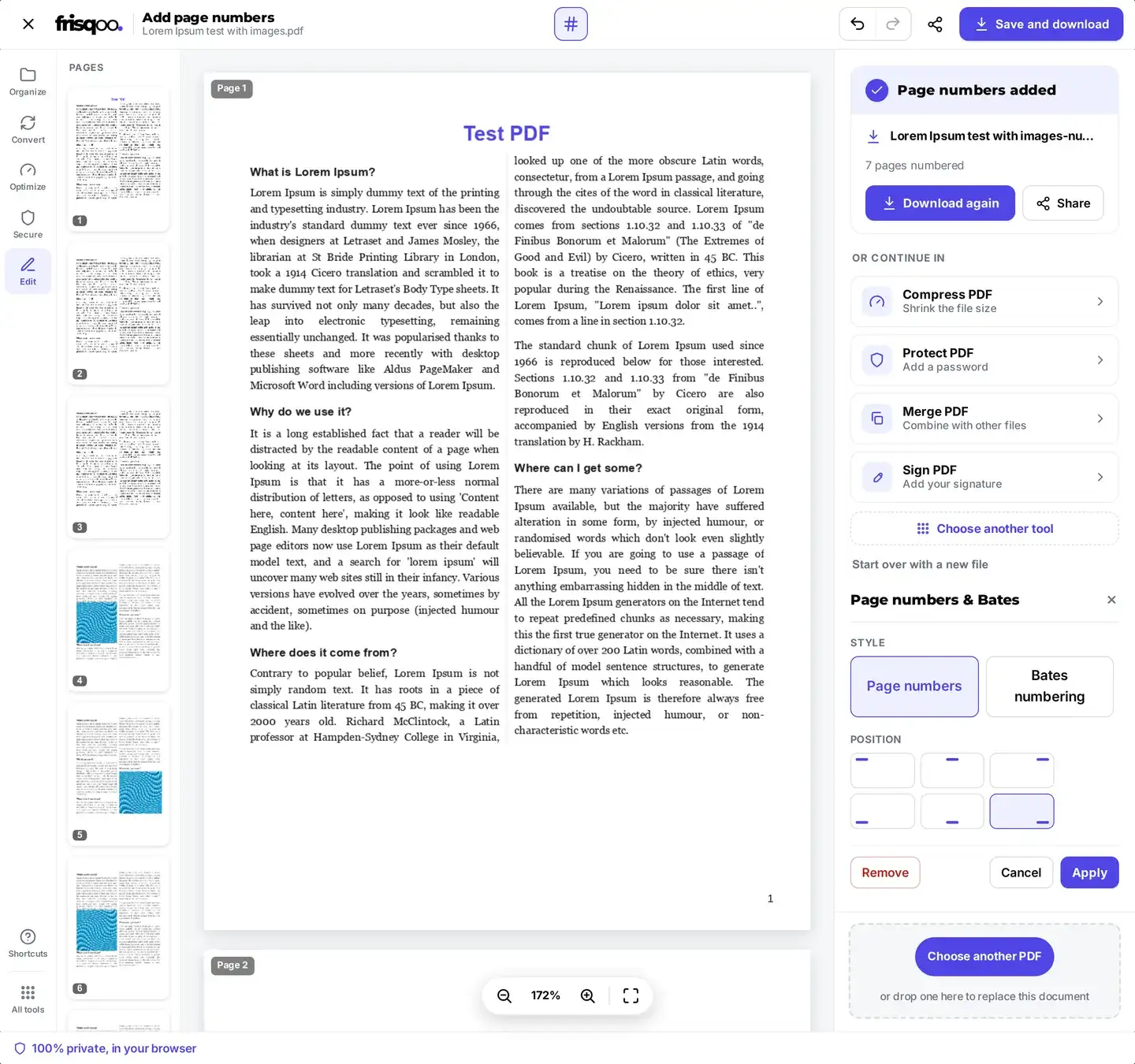 The page numbers editor after Apply, with the number on the page and Save and download now available.