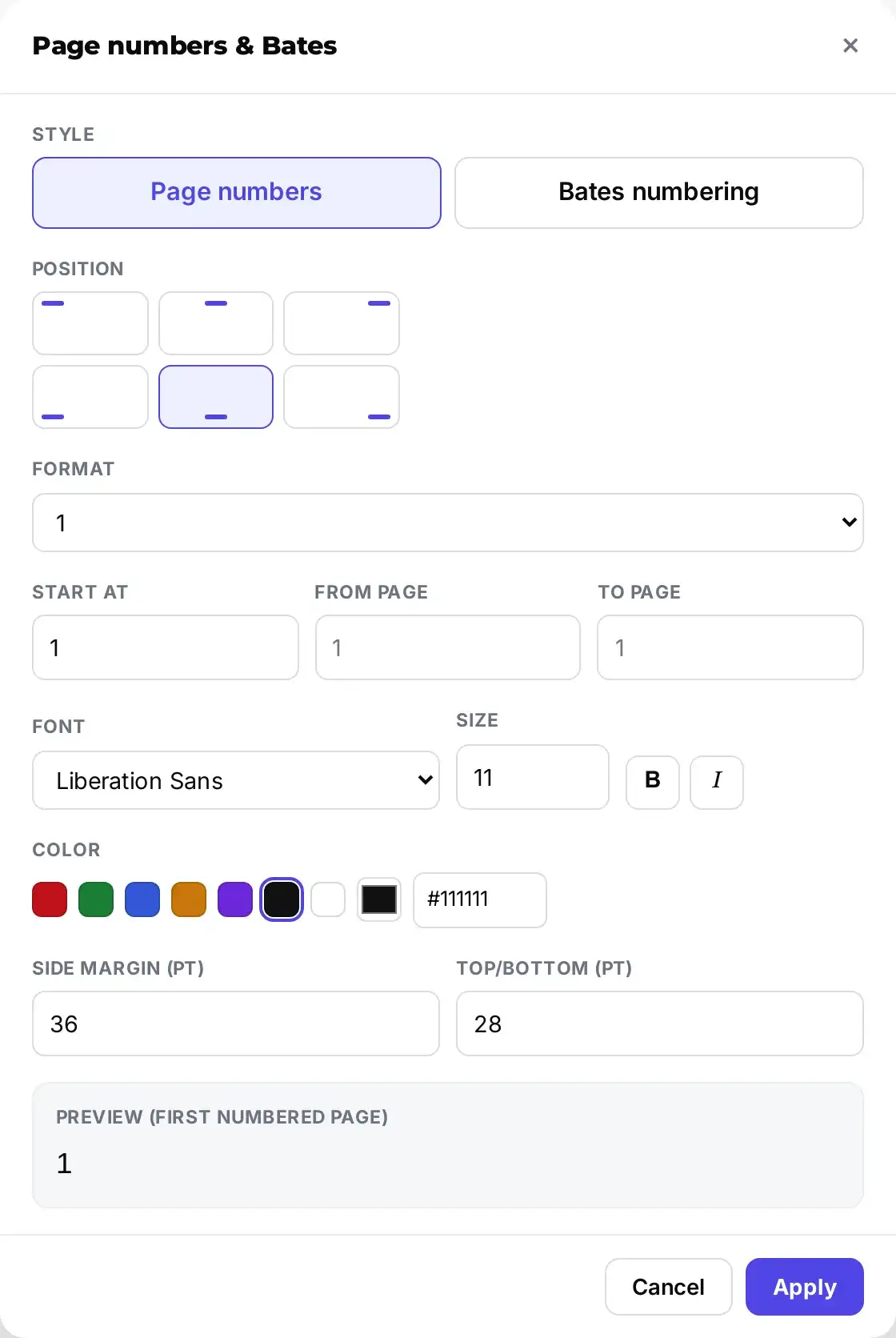 The page numbers bulk panel with style, position, format, start at, and font settings that apply to every file added.