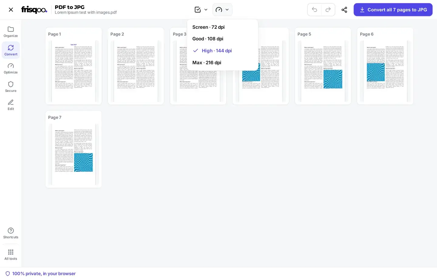 The converter open with page thumbnails and the quality menu showing Screen, Good, High, and Max.