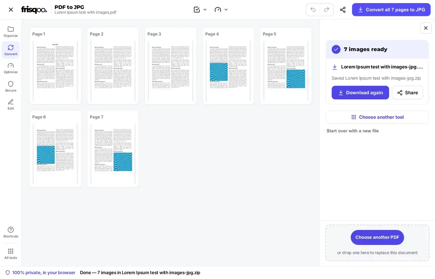 The finished converter showing seven pages ready and the download saved as a numbered ZIP.