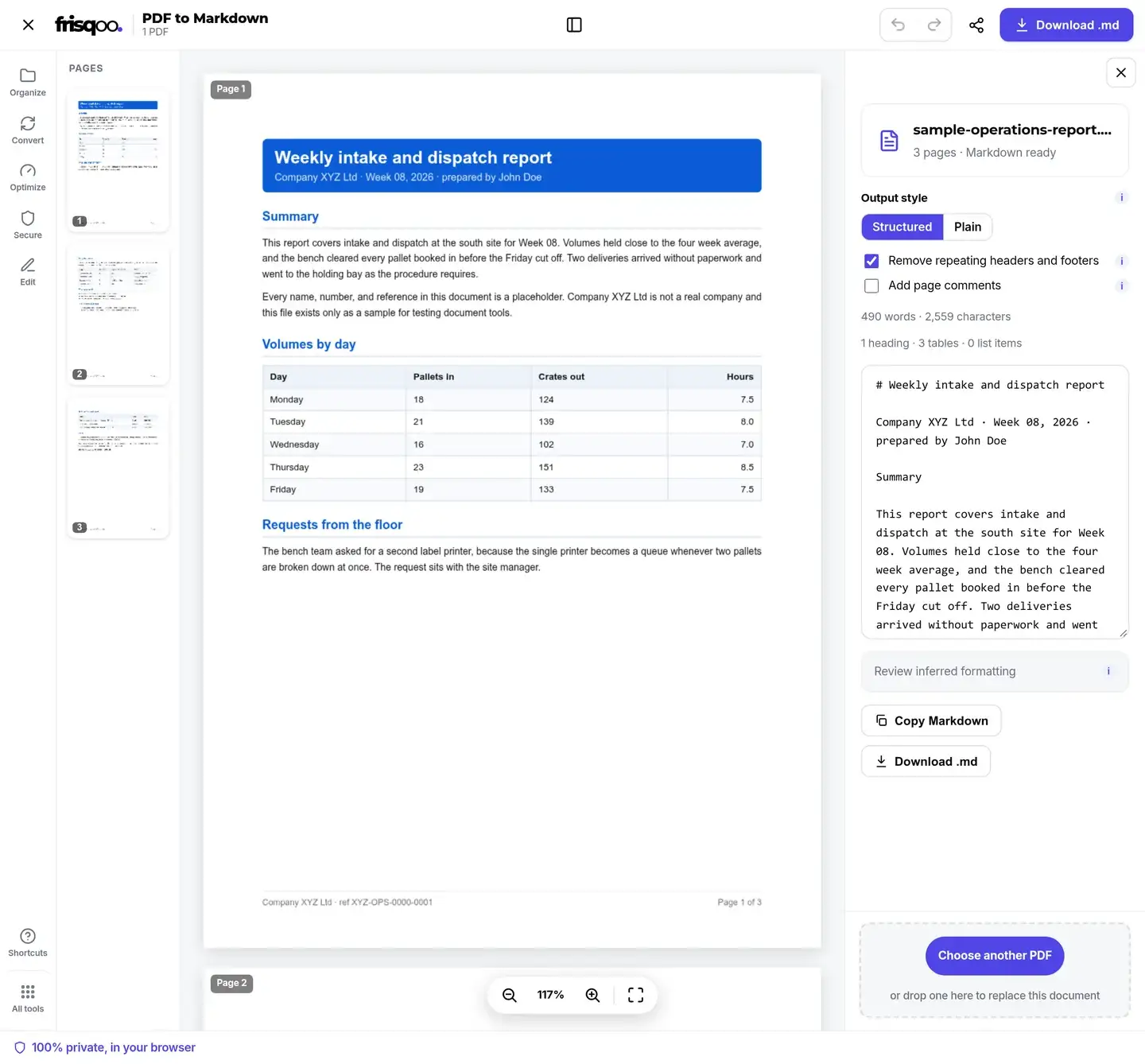 Sample report beside the editable Markdown controls in the PDF editor