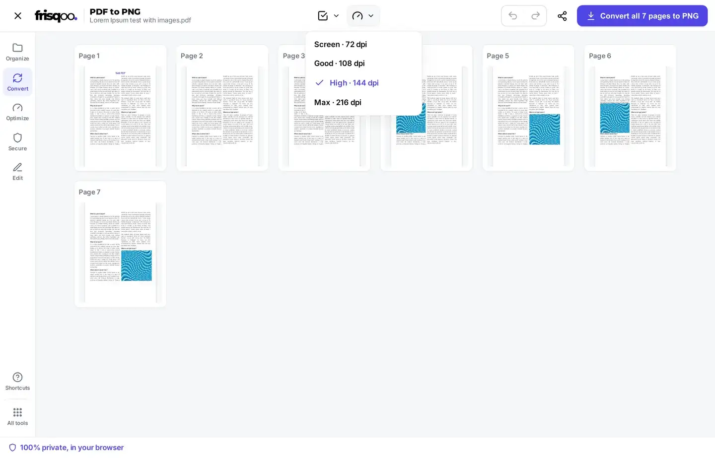 The converter open with page thumbnails and the quality menu showing Screen, Good, High, and Max.