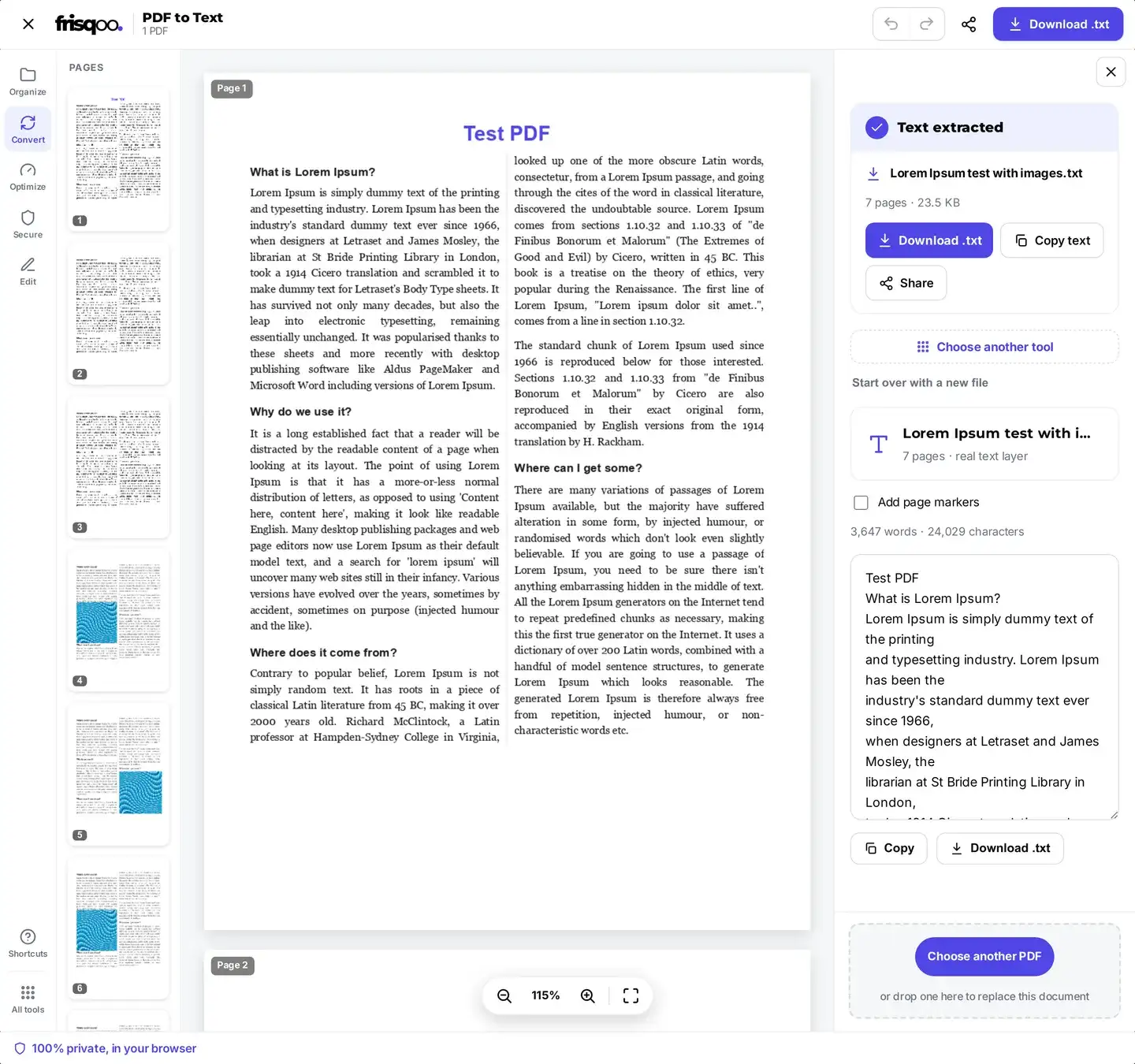 The PDF to text editor with the extracted text beside the page preview, plus Copy text and Download .txt buttons.
