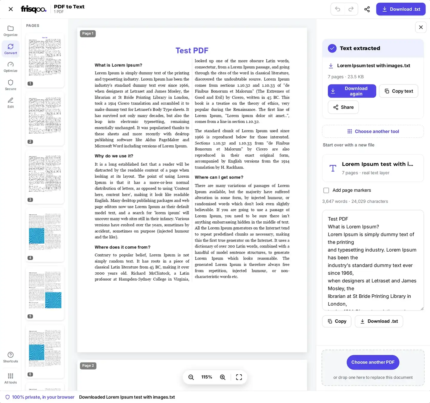 The PDF to text result panel reading Text extracted, with Download again and Copy text buttons.