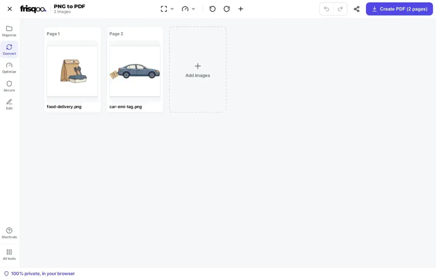 PNG thumbnails arranged in page order in the PNG to PDF editor, with page-size controls