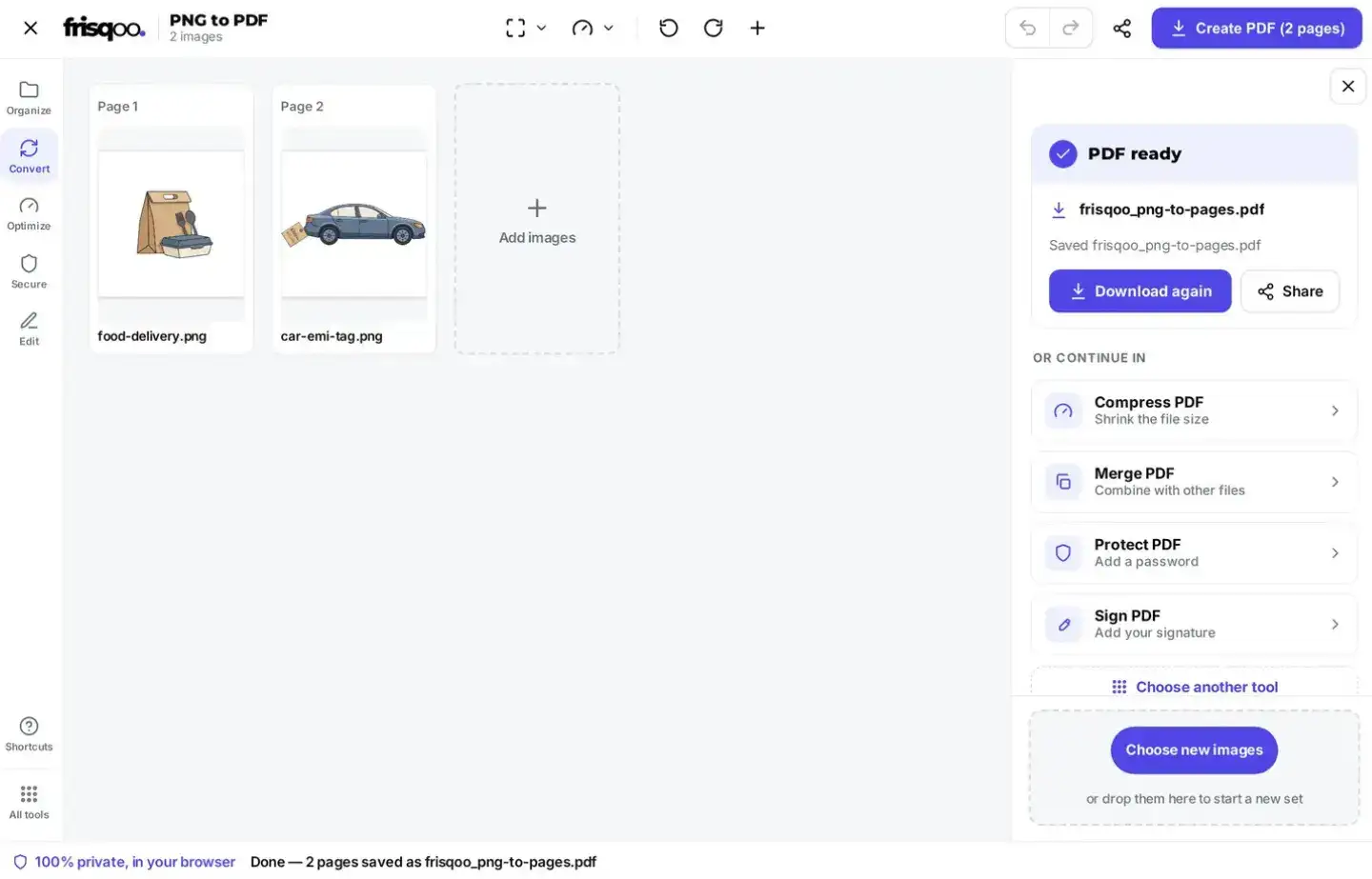 The combined PDF downloading from the PNG to PDF tool after tapping Create PDF