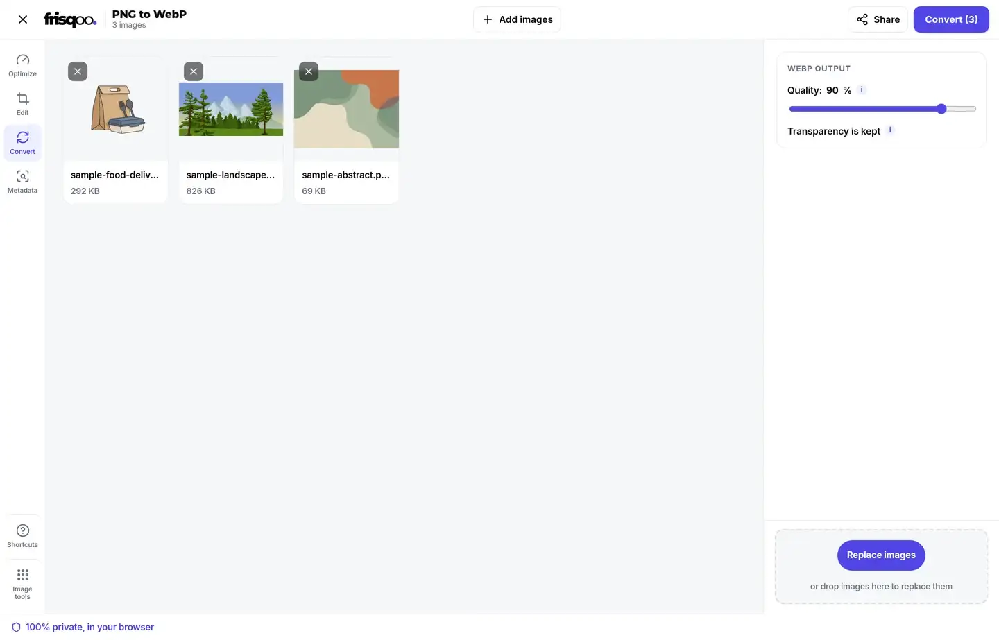 PNG images queued in the frisqoo PNG to WebP workspace with the quality setting
