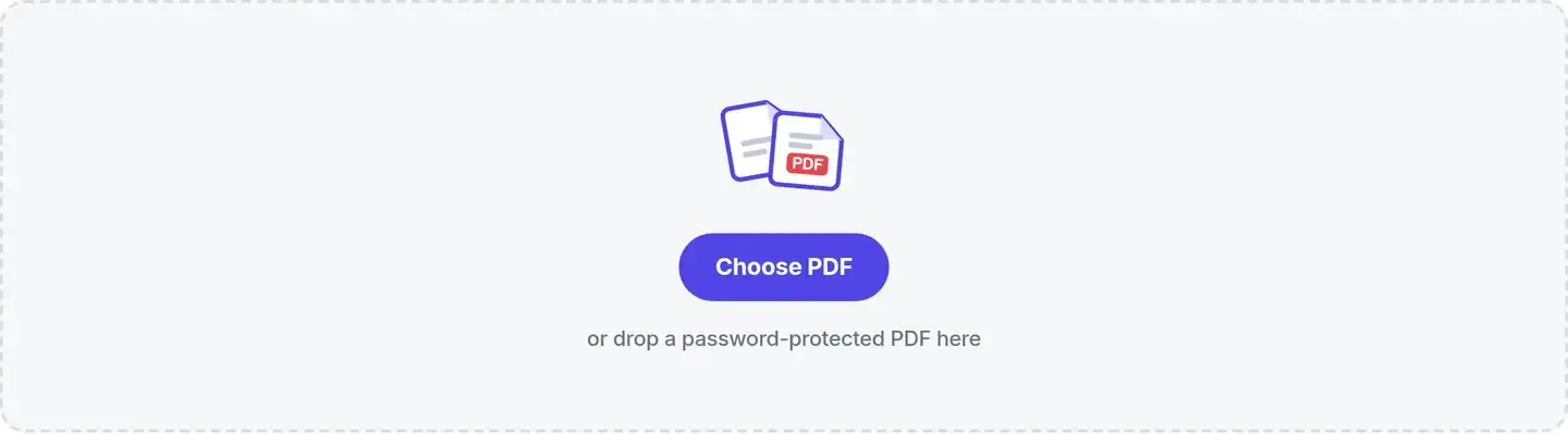 Empty Recover PDF Password dropzone with a Choose PDF button
