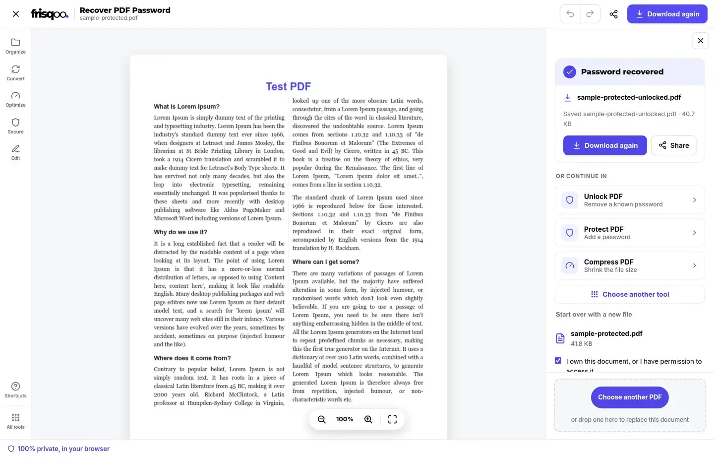Recovered PDF open in the editor with the unlocked download ready