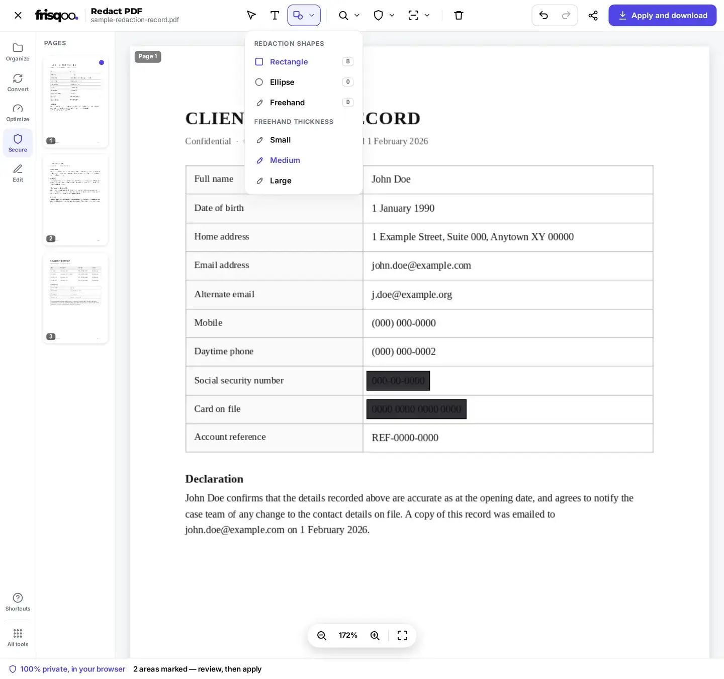 A black mark drawn over two lines of a client record in the editor