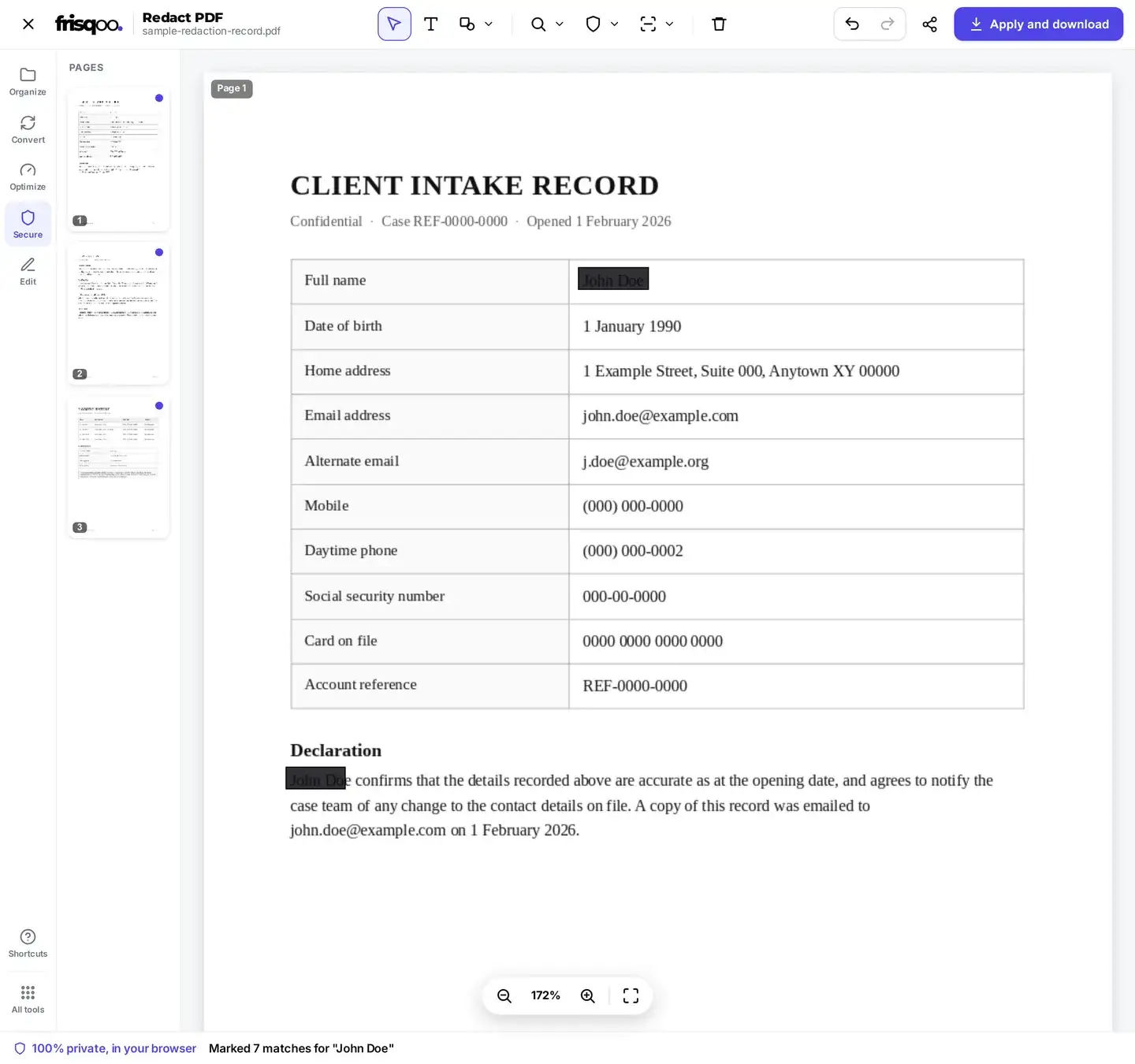 The Find box marking every match for a name across the document