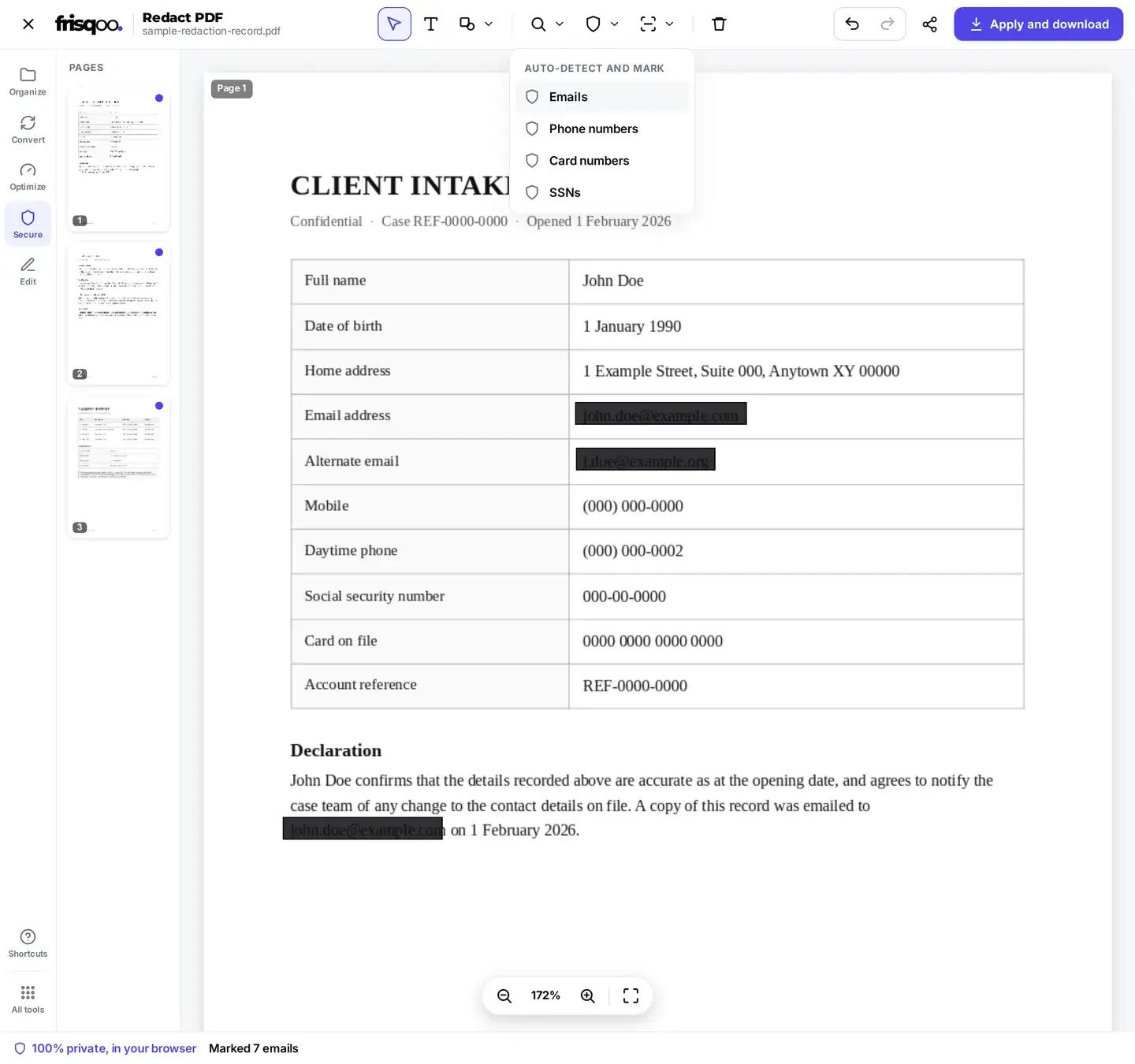 The Auto-detect menu open, with every email address in the file marked