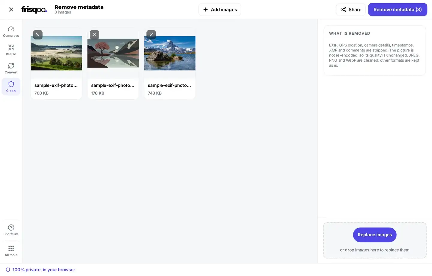 Three photos queued in the frisqoo remove metadata tool