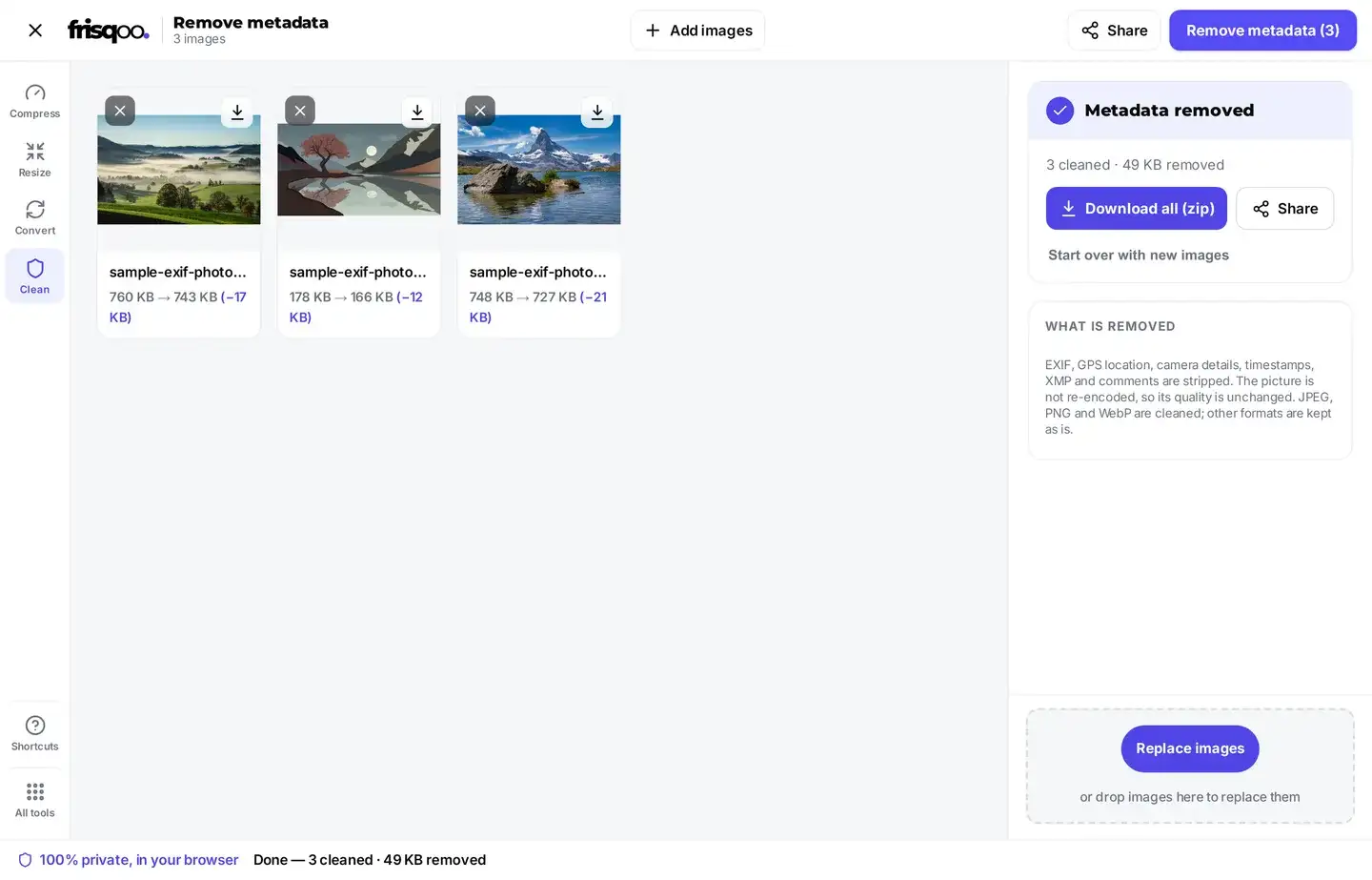 Cleaned photos ready to download together as a zip