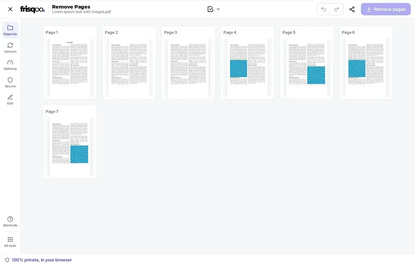 PDF opened as page thumbnails in the remove pages editor