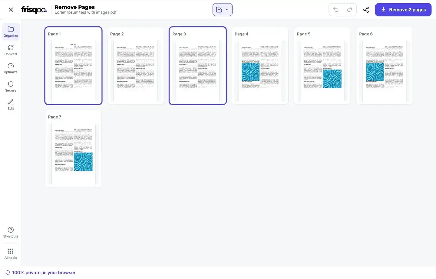Two pages selected for removal with the Remove pages button