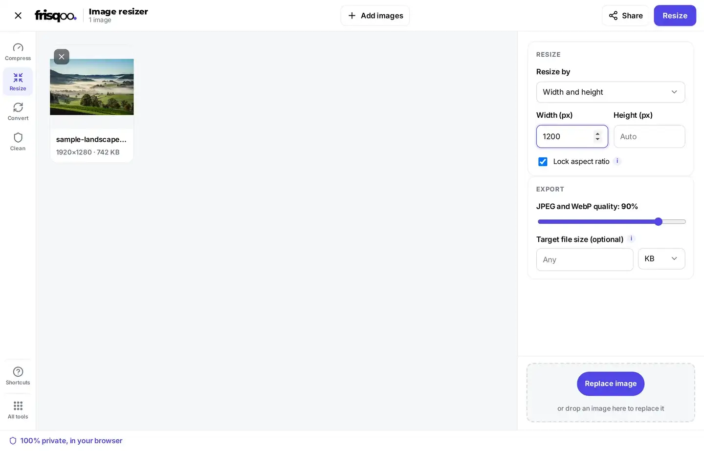 Resize images controls: mode, width and export quality