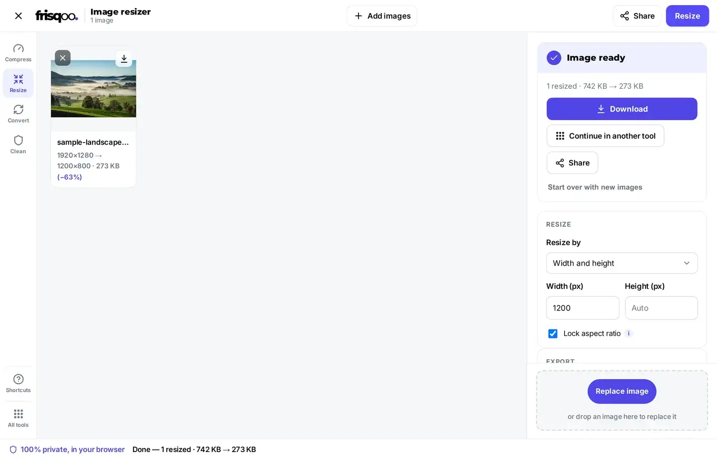 Resized image showing its new dimensions and smaller file size