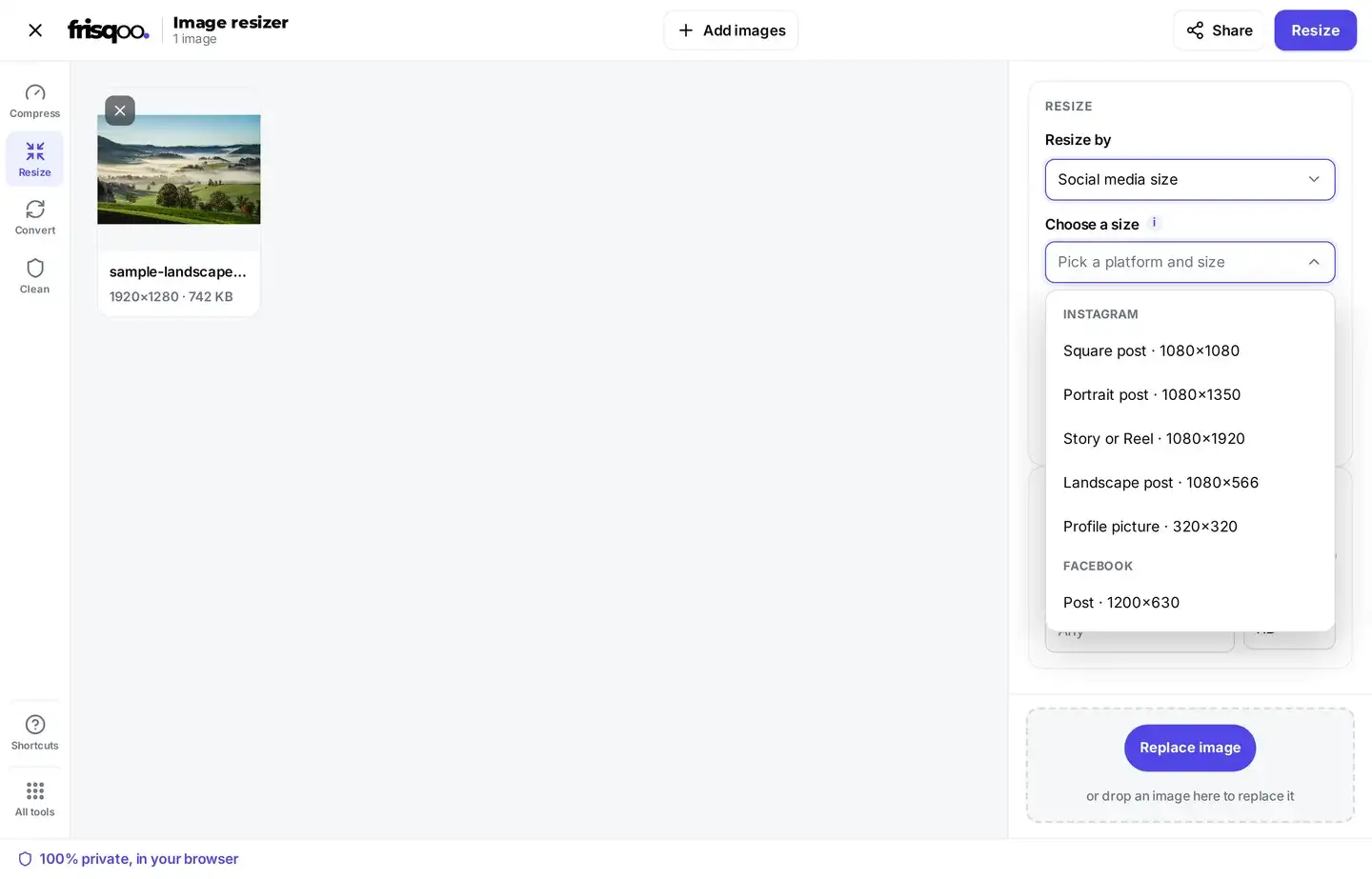 Resize image social media size list grouped by platform