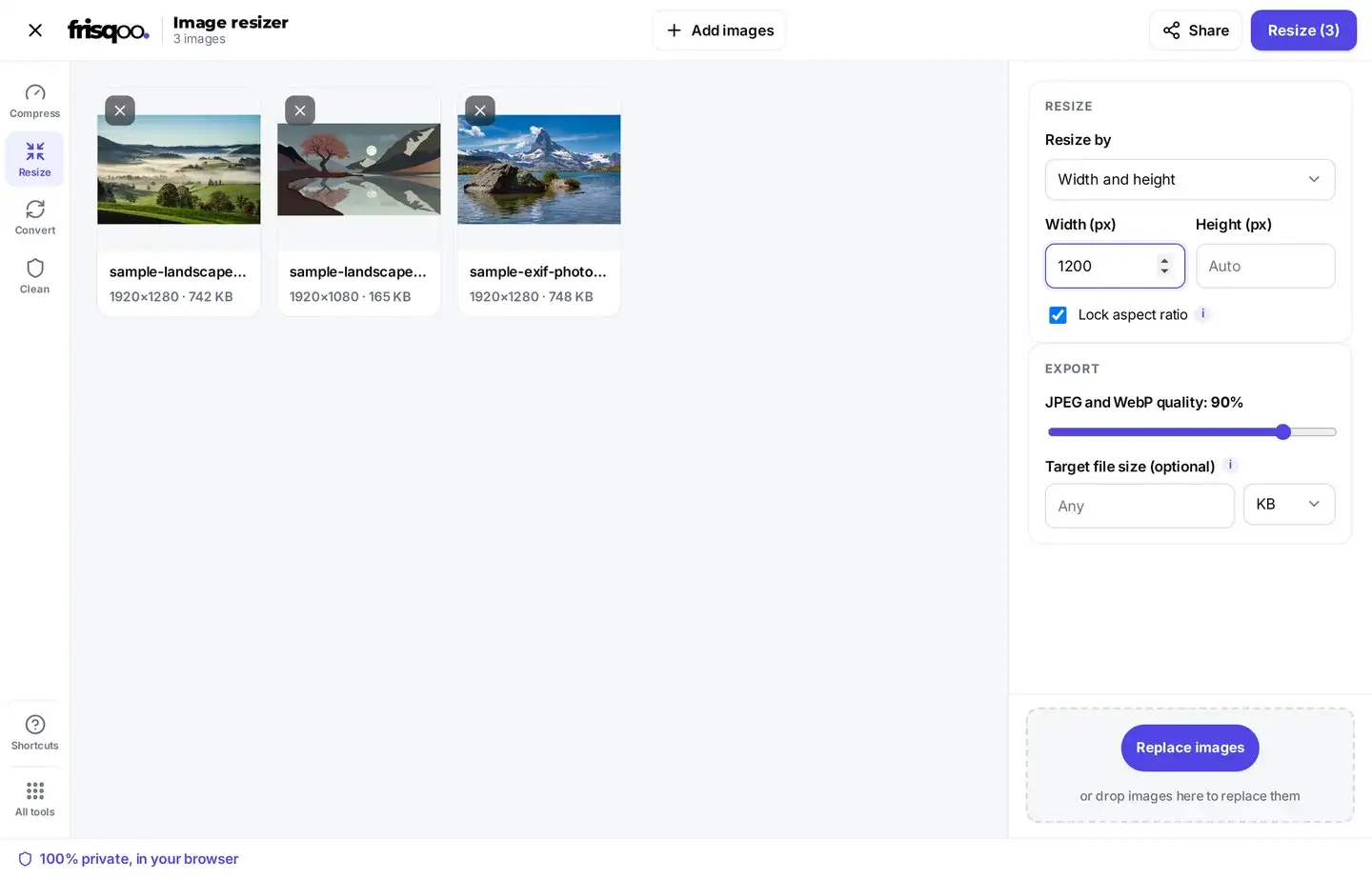 Three images queued in the frisqoo resize image tool