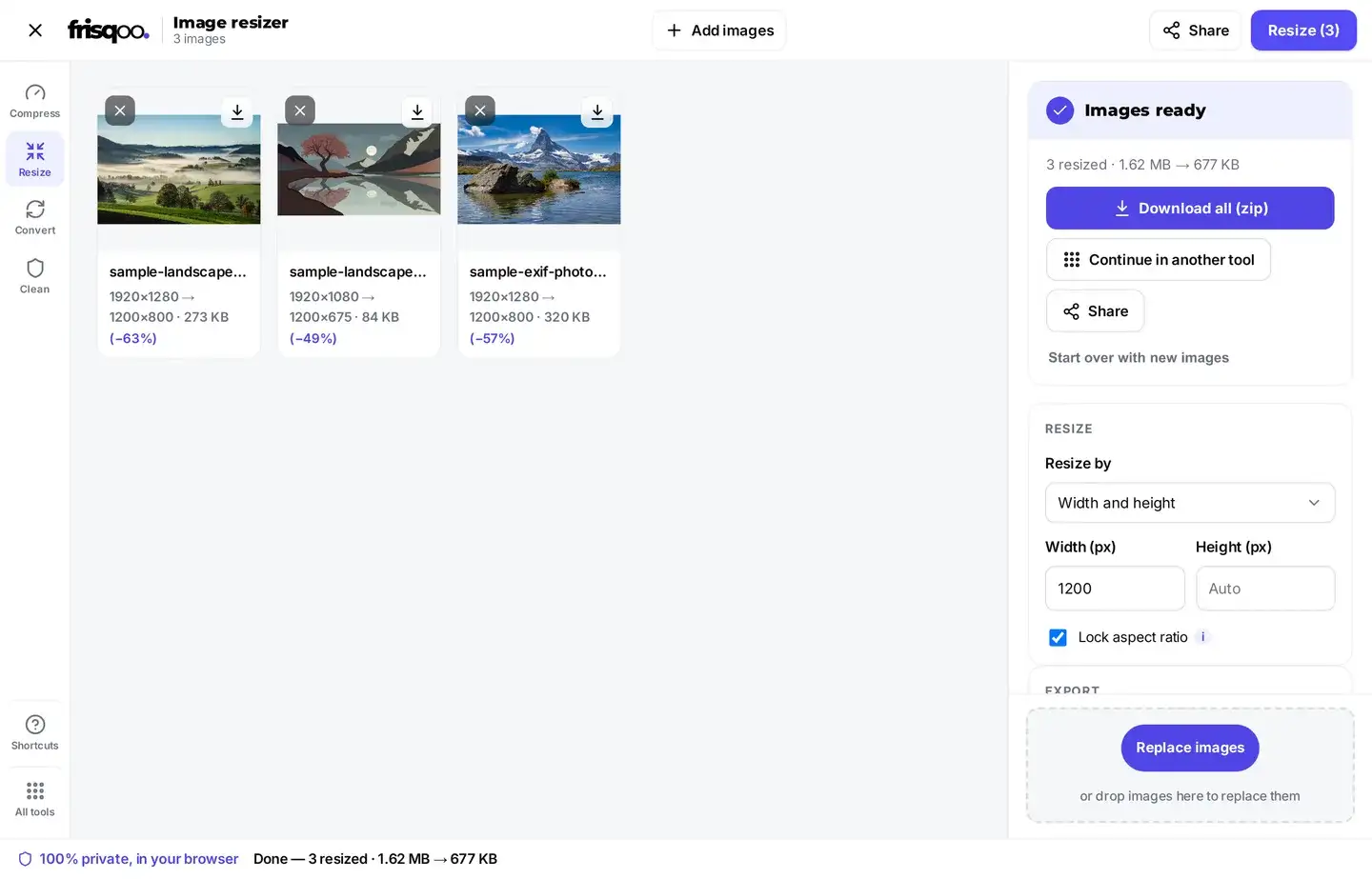 Resized images ready to download one by one or as a zip