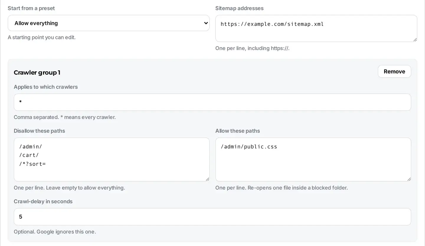 The generator form with a preset selected and a crawler group filled in, showing the user-agent field, three disallowed paths, one allowed path and a crawl delay.
