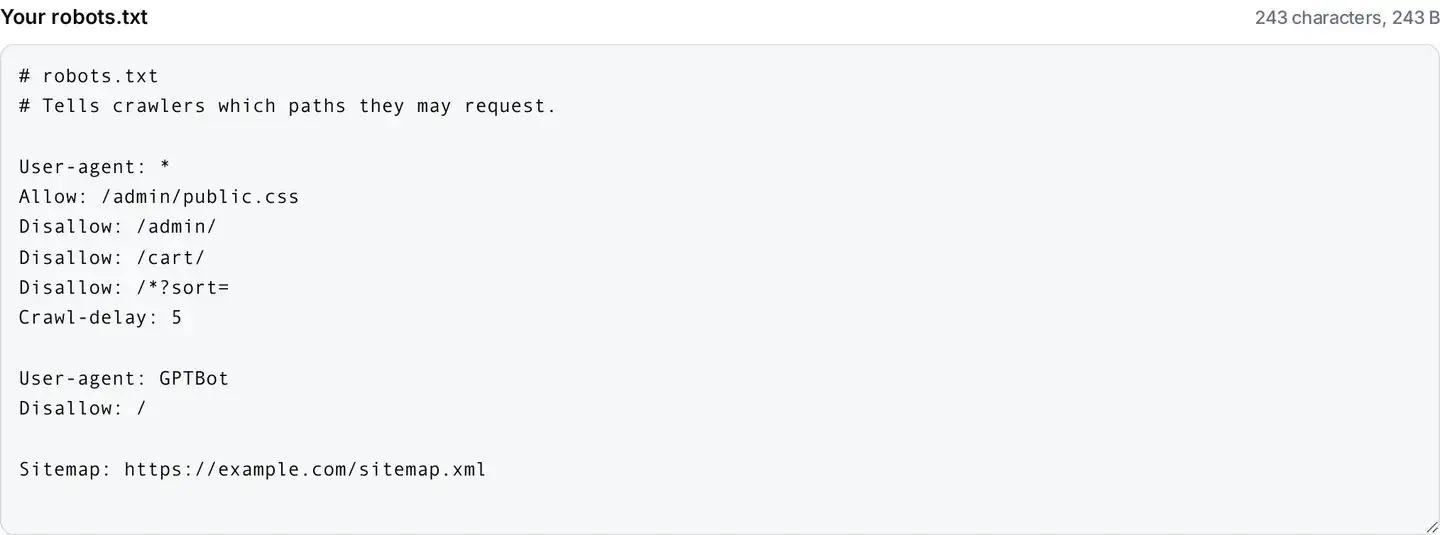 The output panel showing the generated robots.txt with two crawler groups, a crawl delay and an unindented sitemap line last, beside a live character and byte counter.