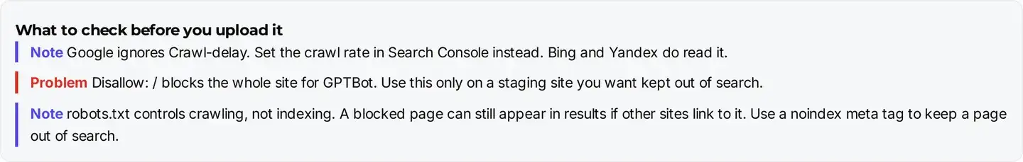 The checks panel listing a note that Google ignores Crawl-delay, a problem warning that Disallow slash blocks the whole site for GPTBot, and a note that robots.txt controls crawling rather than indexing.