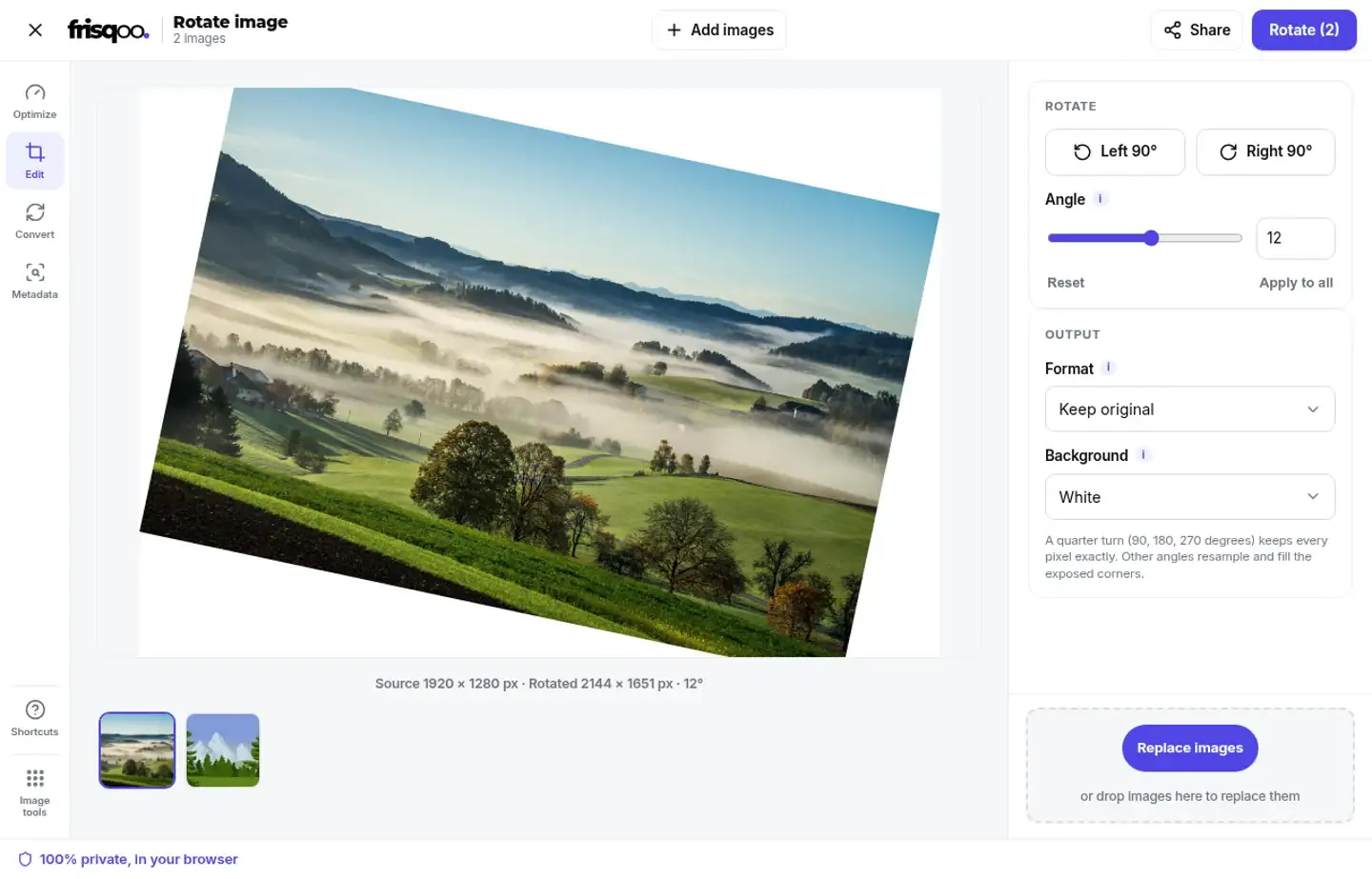 Two images in the Rotate image workspace with angle controls and a transparent corner background