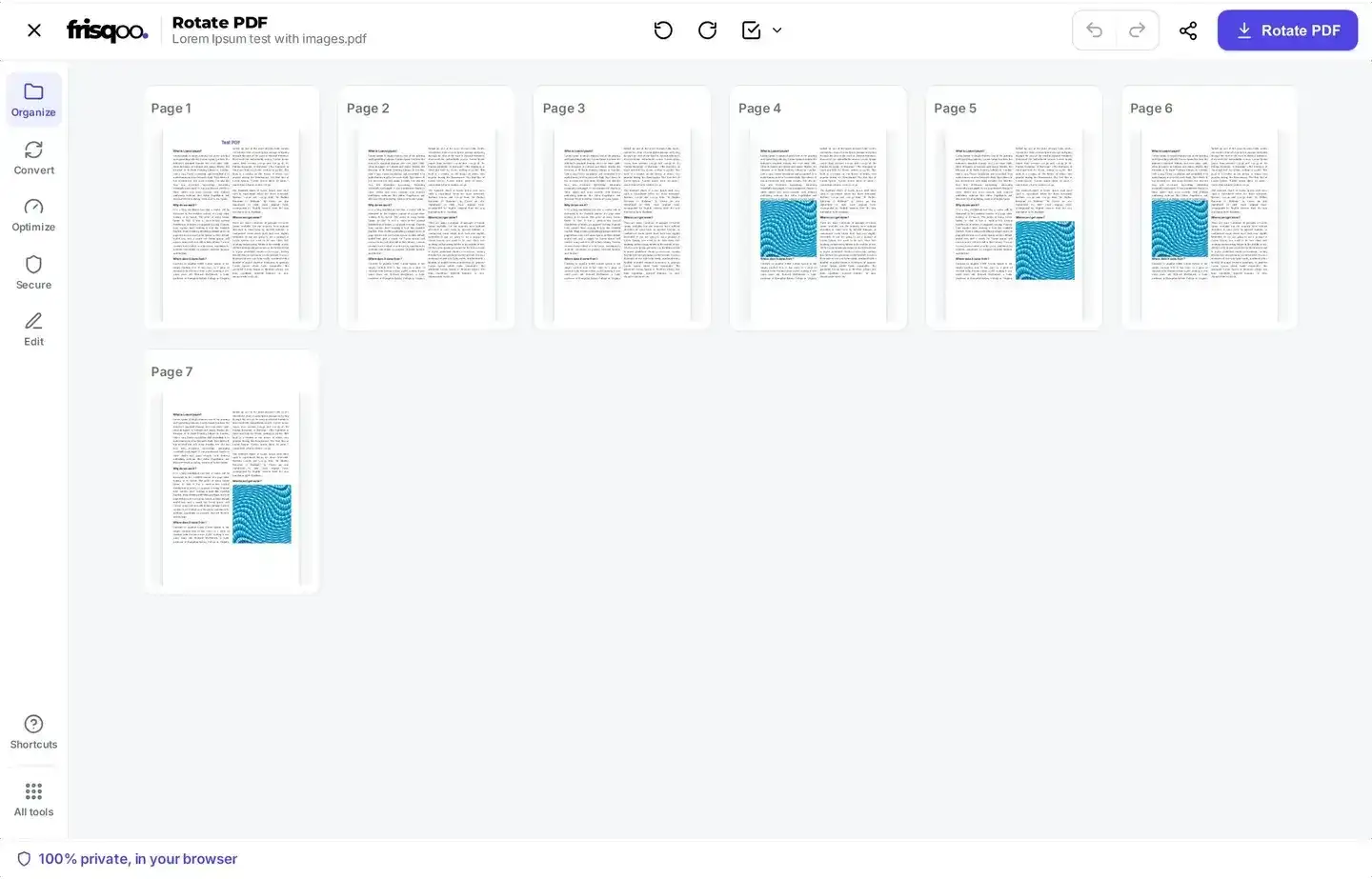 PDF opened as page thumbnails in the rotate PDF editor