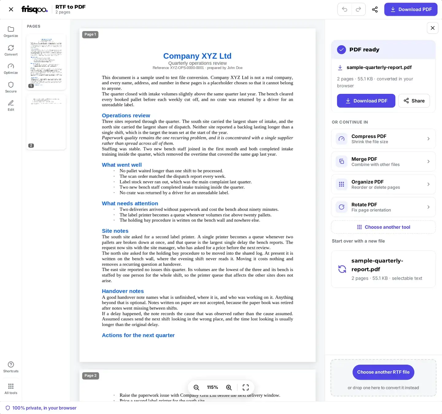 A converted RTF previewing page by page, with the ready panel showing the page count, the file size, and the Download PDF button.