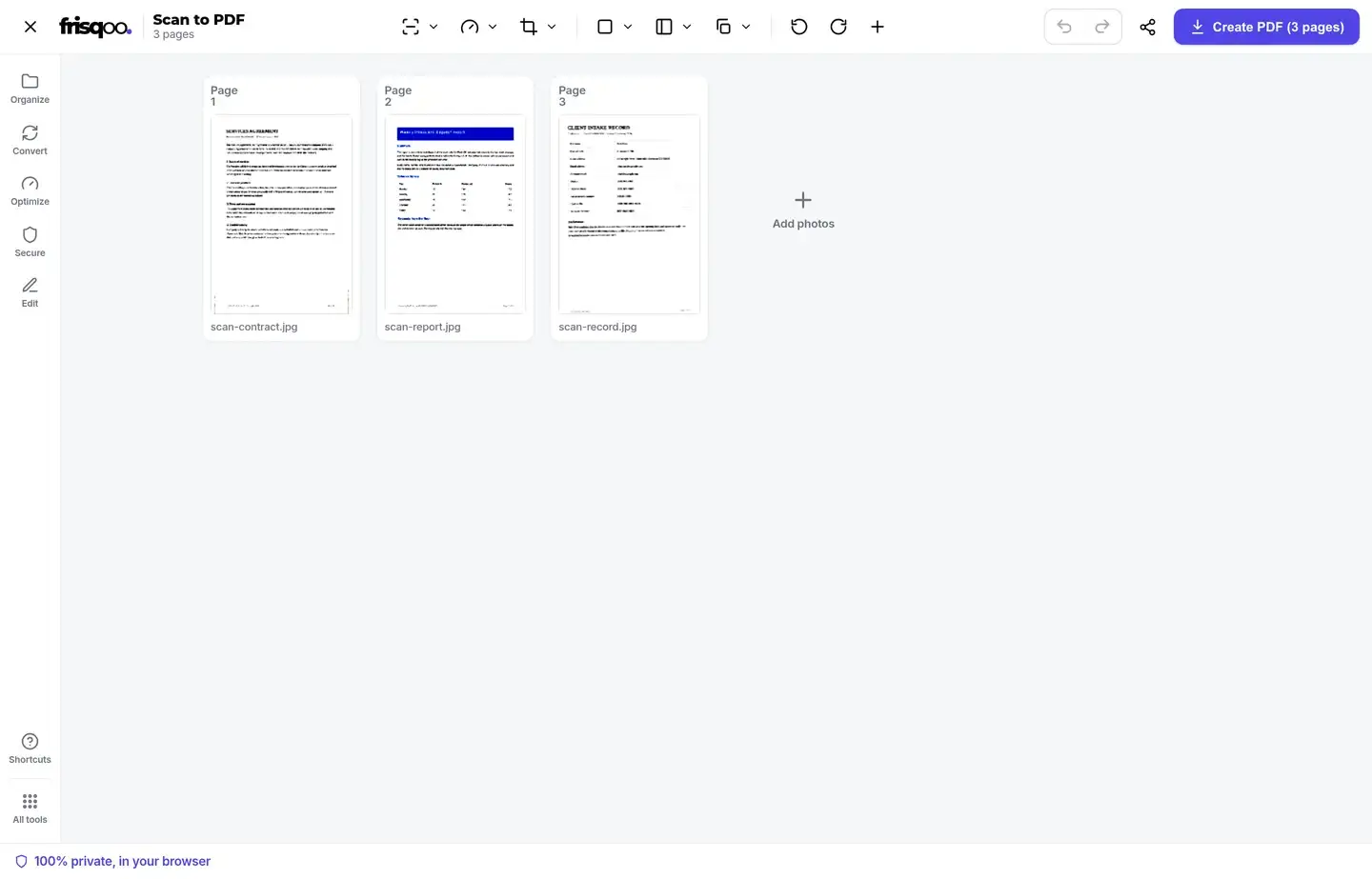 Scan to PDF workspace with three automatically cropped and cleaned document pages