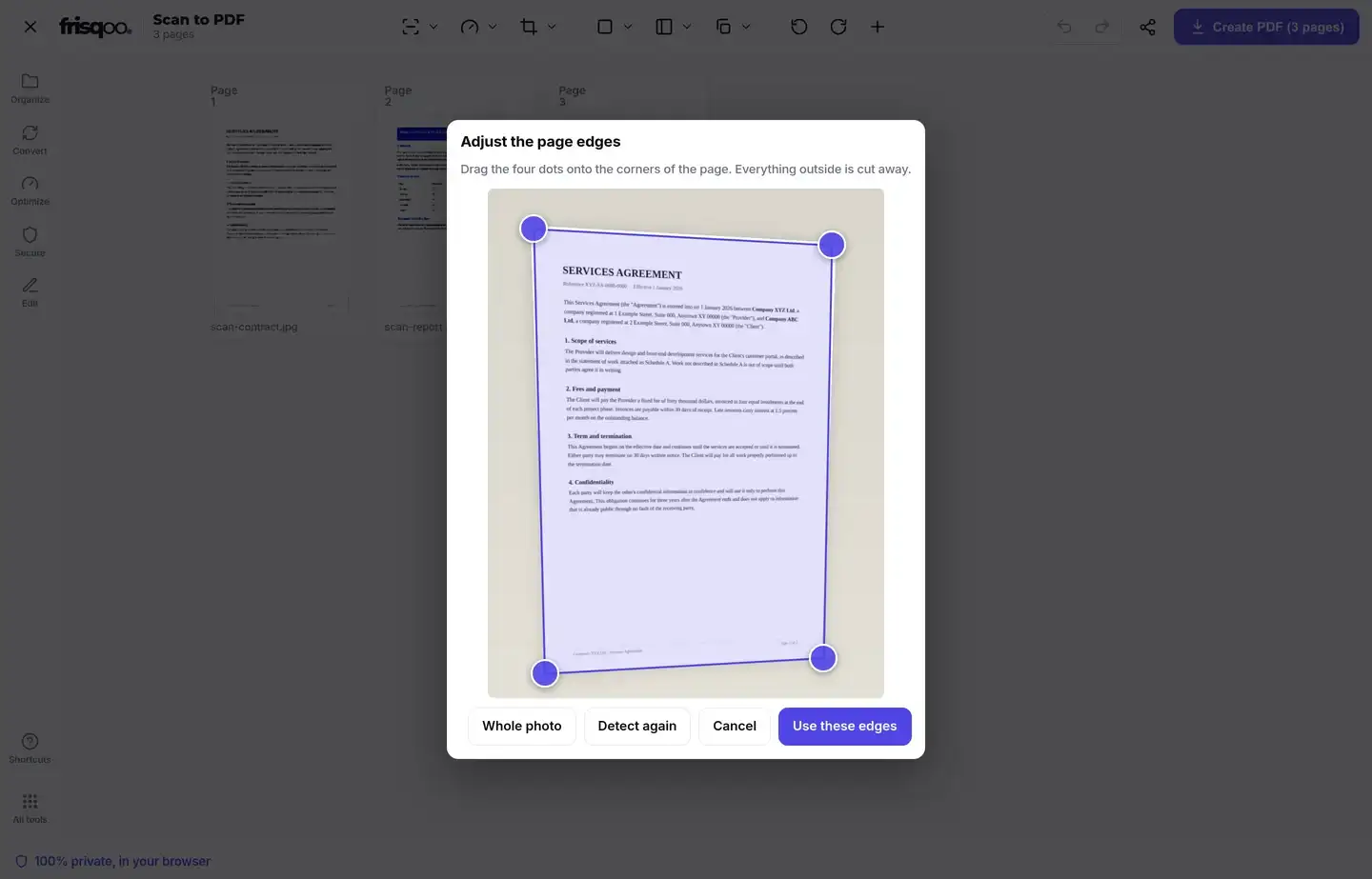 Adjust page edges dialog with four corner points around a photographed contract