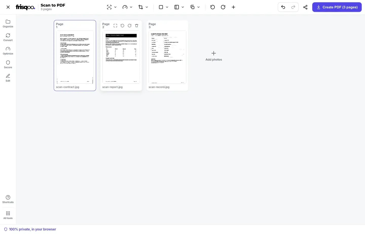 Three scanned document pages previewed in Black and white mode