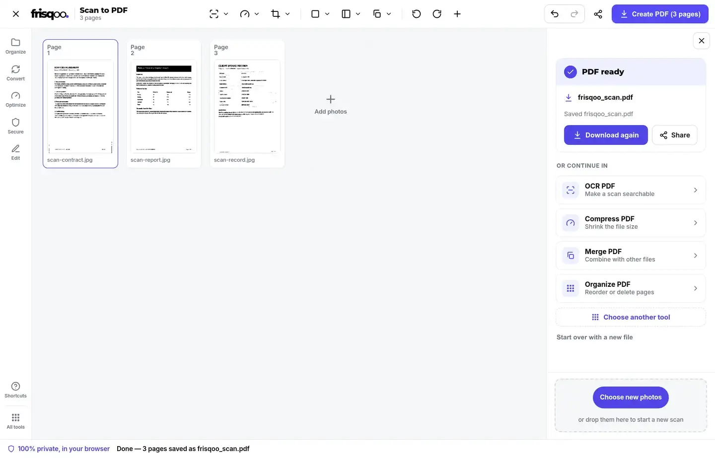 Completed three-page Scan to PDF result with Download again and follow-up tools