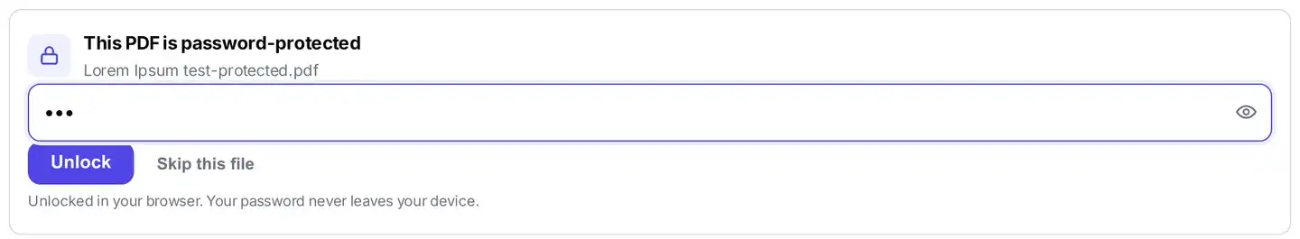 Open password typed into the frisqoo unlock box before the PDF is unlocked