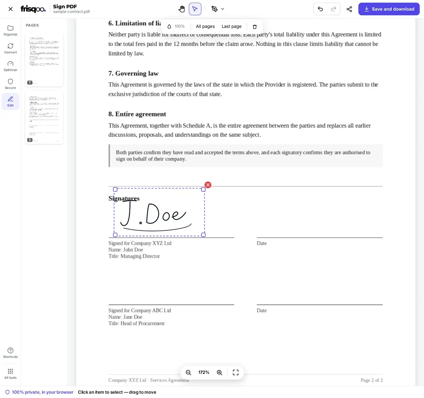 A placed signature sitting on the signature line of a contract