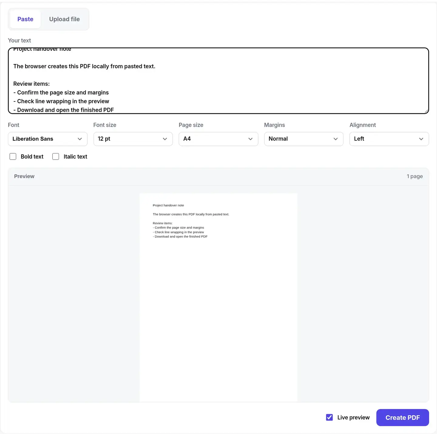 Text pasted into the Text to PDF input with page controls and a live first-page preview
