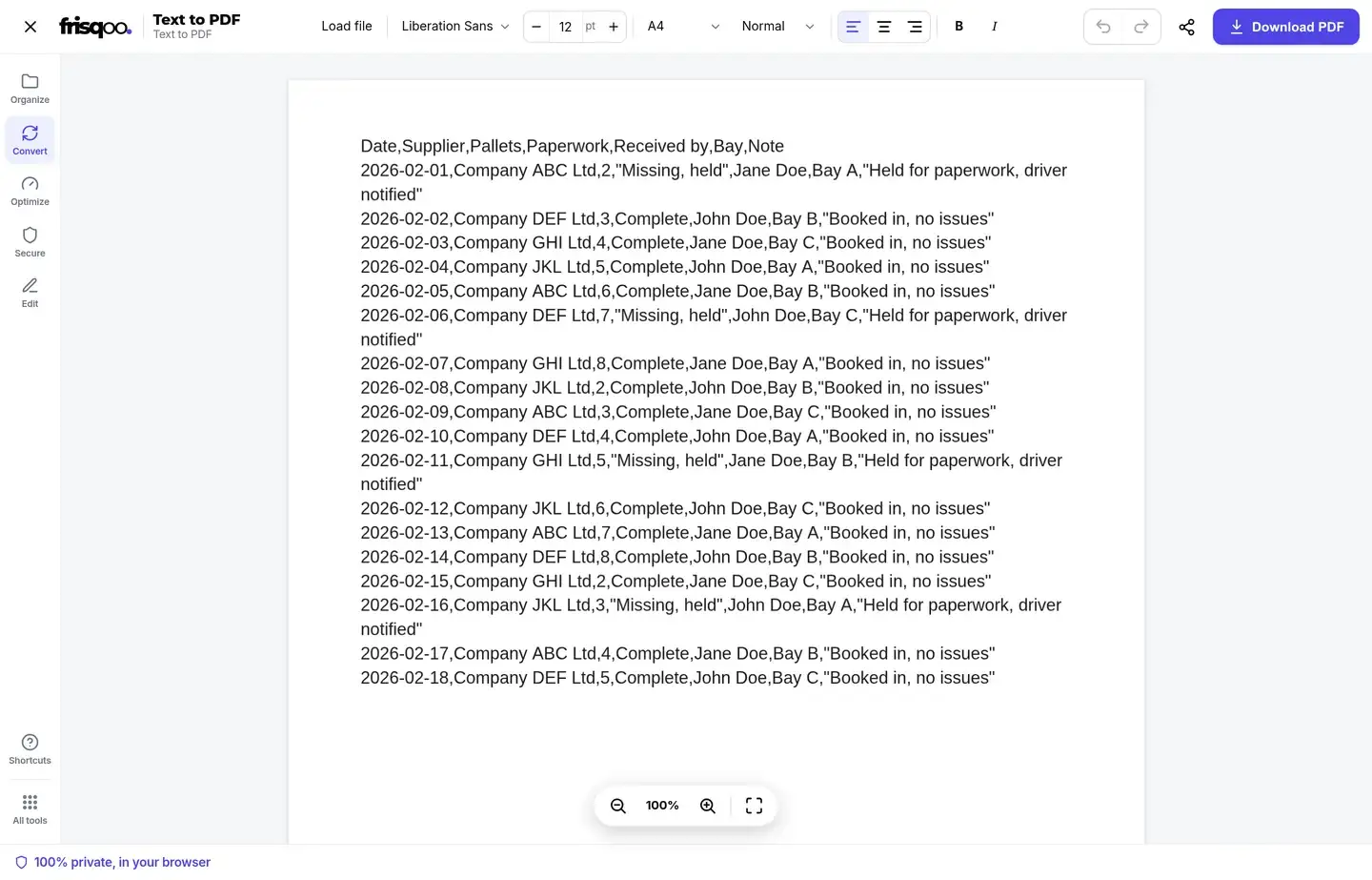 Text to PDF editor showing a text file with font, paper, margin, alignment, bold, and italic controls